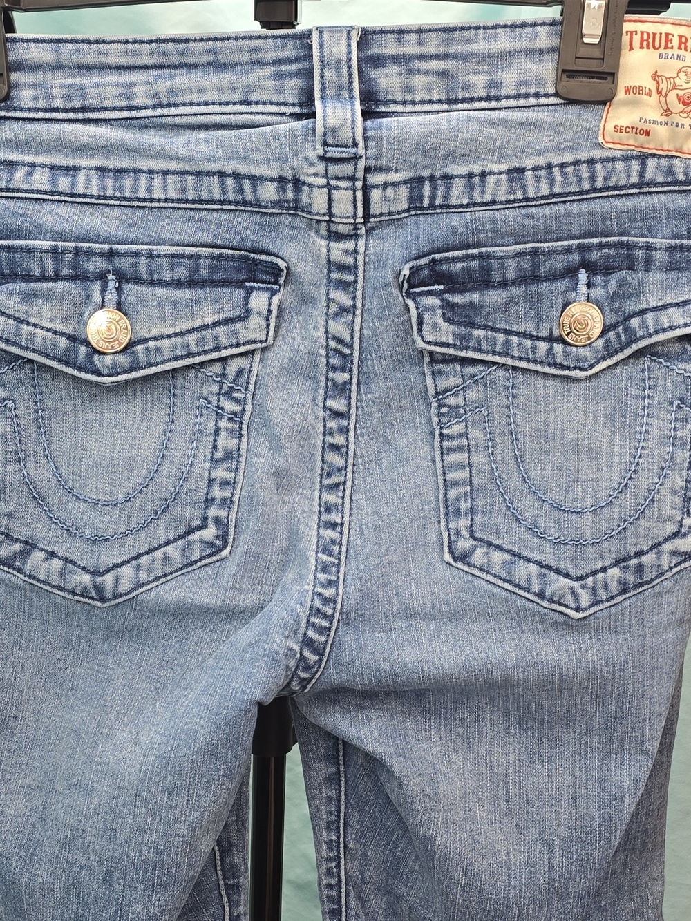 True Religion Light Wash Women's Straight Leg Jeans with Signature Back Pockets